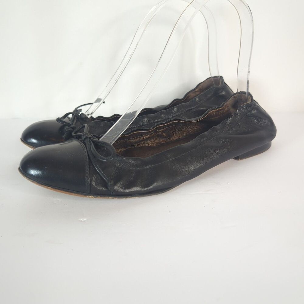 AGL Black Leather Ballet Flat Cap Toe Women Size 37.5 US 7 Bow Elastic Italy - Picture 8 of 10